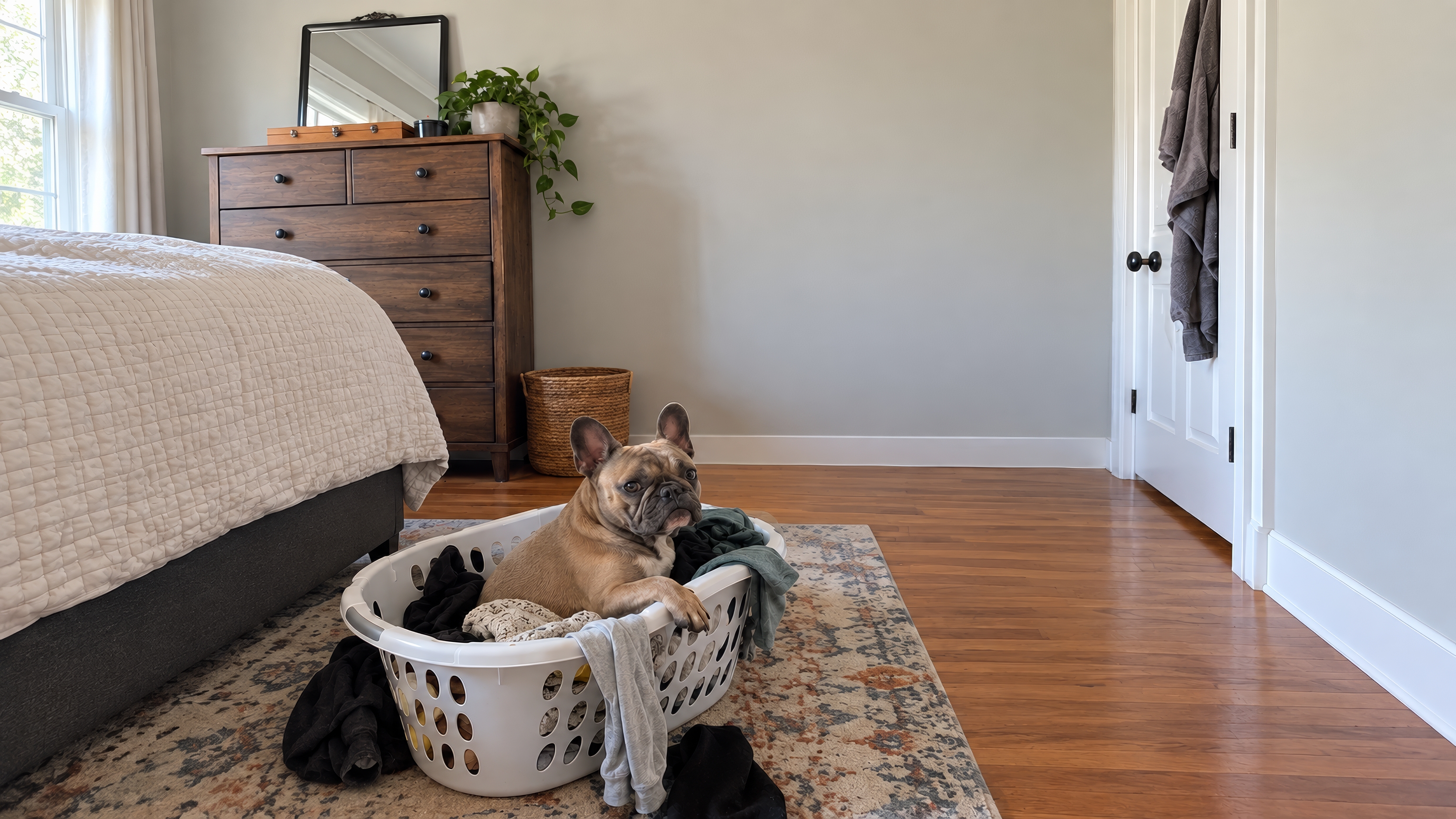 French Bulldog sitting inside a laundry basket full of clothes in a bedroom, looking serious and mildly suspicious.